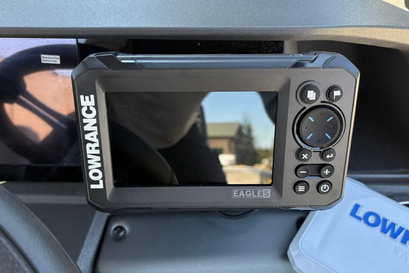 Slide: The Image of Lowrance Eagle 5 fish finder on 2026 Sun Tracker SportFish 20 DLX dashboard. - 18