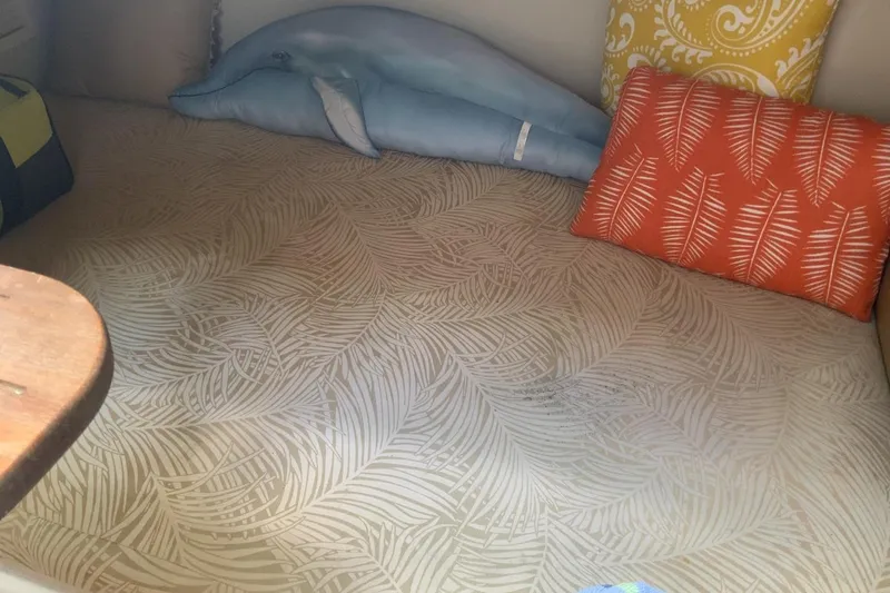 Slide: The Image of Interior cabin of 2007 Robalo R305 Walkaround with patterned cushions and dolphin pillow. - 11