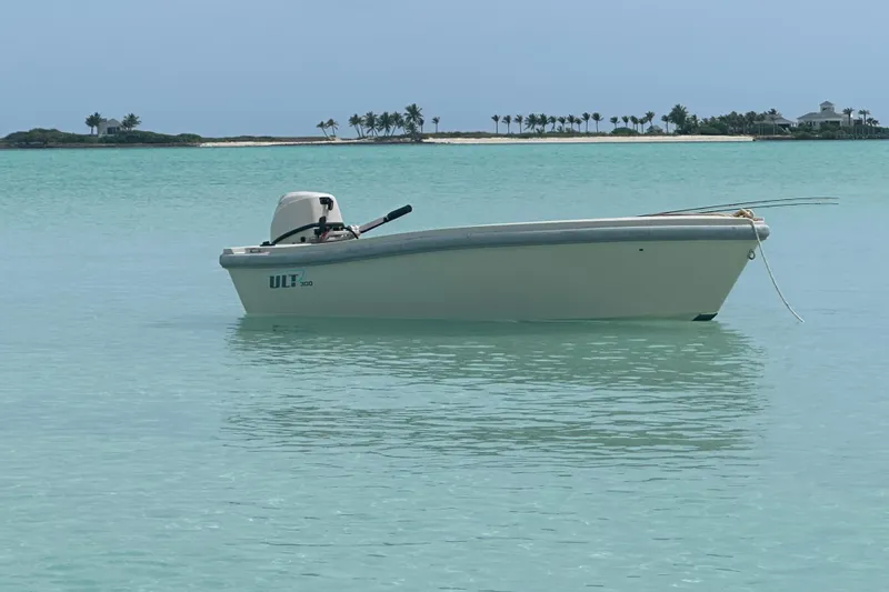 Slide: The Image of Small motorboat floating on turquoise water with palm trees in the background. - 15