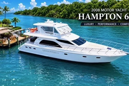 The Image of 2008 Hampton 60' Aft Cabin Motor Yacht cruising in tropical waters, showcasing luxury and performance. - 0