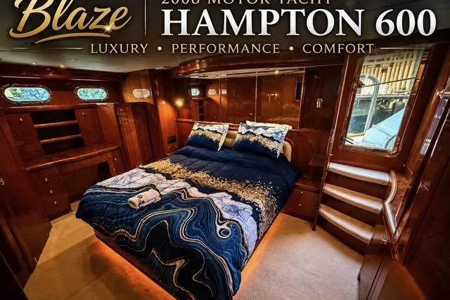 Slide: The Image of Luxurious bedroom interior of 2008 Hampton 60' Aft Cabin Motor Yacht, showcasing comfort and elegance. - 10
