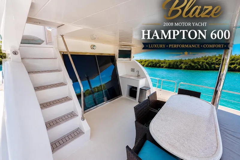 Slide: The Image of Luxurious 2008 Hampton 60' Aft Cabin Motor Yacht with elegant outdoor seating and scenic views. - 15