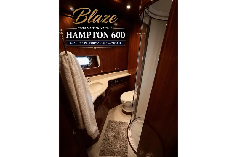 Slide: The Image of Luxurious bathroom in 2008 Hampton 60' Aft Cabin Motor Yacht, featuring elegant wood finishes. - 17