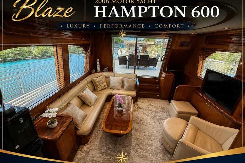 Slide: The Image of Luxurious interior of 2008 Hampton 60' Aft Cabin Motor Yacht, featuring elegant seating and decor. - 17