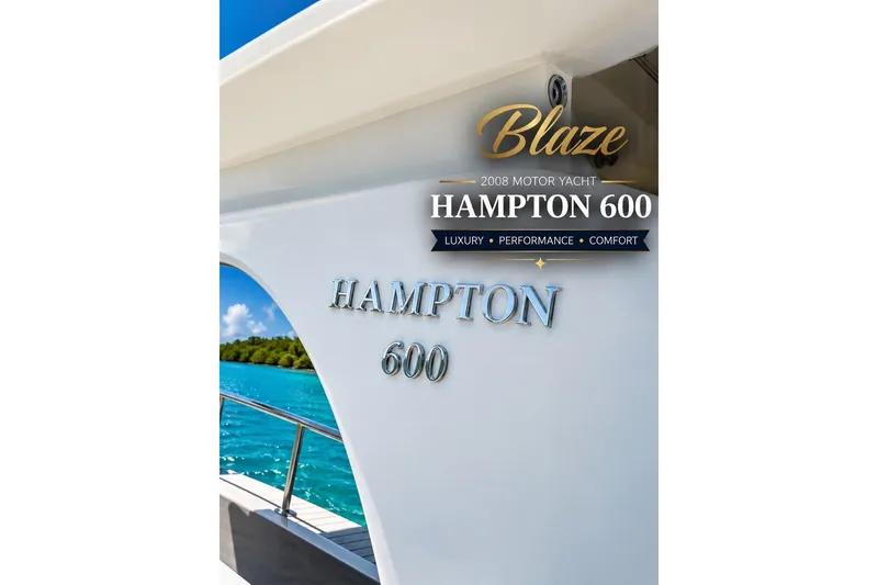 Slide: The Image of 2008 Hampton 60' Aft Cabin Motor Yacht on turquoise water, showcasing luxury and performance. - 10
