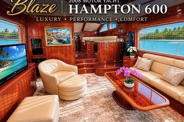 Slide: The Image of Luxurious 2008 Hampton 60' Aft Cabin Motor Yacht interior with elegant furnishings and scenic views. - 3