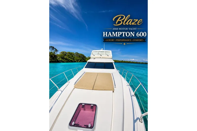 Slide: The Image of 2008 Hampton 60' Aft Cabin Motor Yacht on turquoise waters under clear blue sky. - 11