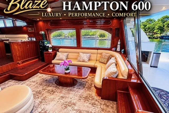 Slide: The Image of Luxurious interior of 2008 Hampton 60' Aft Cabin Motor Yacht with elegant seating and decor. - 6