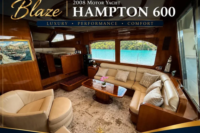 Slide: The Image of Luxurious interior of 2008 Hampton 60' Aft Cabin Motor Yacht, featuring elegant seating and decor. - 18