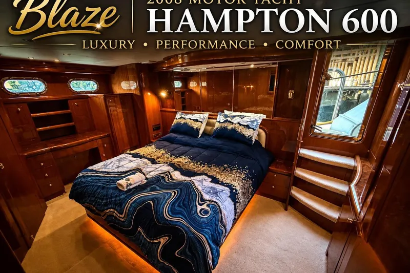 Slide: The Image of Luxurious 2008 Hampton 60' Aft Cabin Motor Yacht bedroom interior with elegant wood finish. - 19