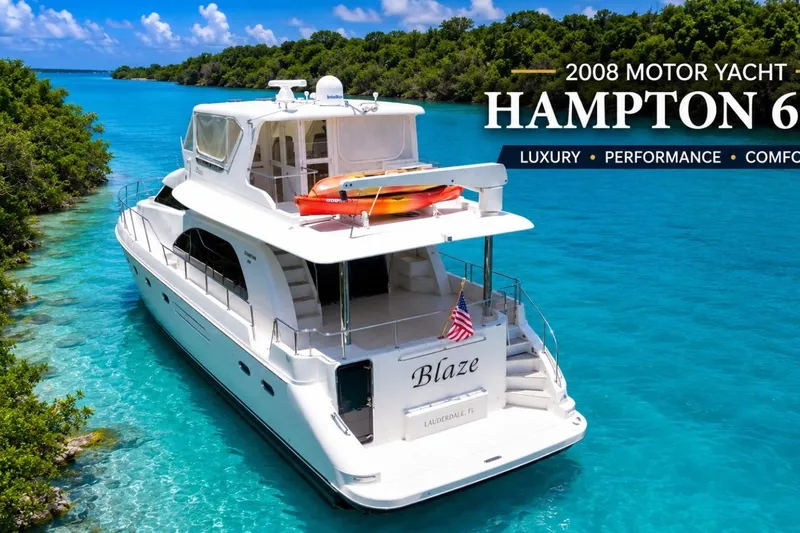 Slide: The Image of 2008 Hampton 60' Aft Cabin Motor Yacht cruising in turquoise waters, showcasing luxury and performance. - 8