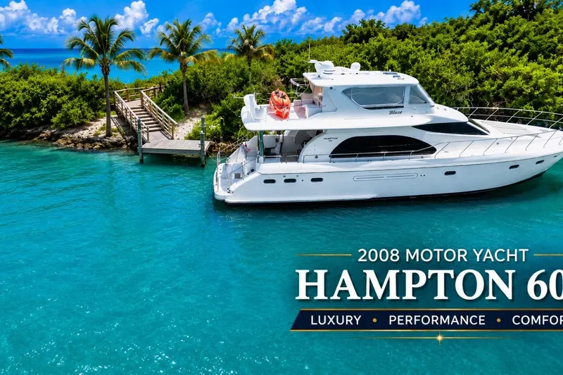 Slide: The Image of 2008 Hampton 60' Aft Cabin Motor Yacht docked in tropical paradise. - 3