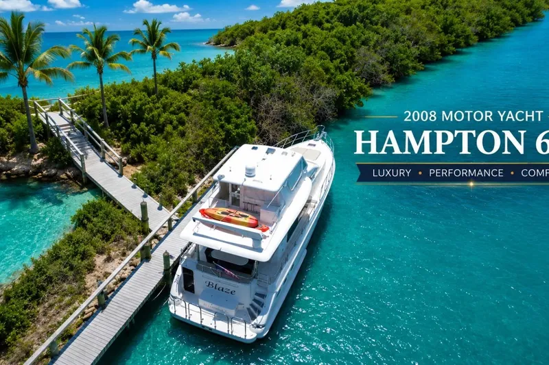 Slide: The Image of 2008 Hampton 60' Aft Cabin Motor Yacht cruising near tropical island with lush greenery. - 9