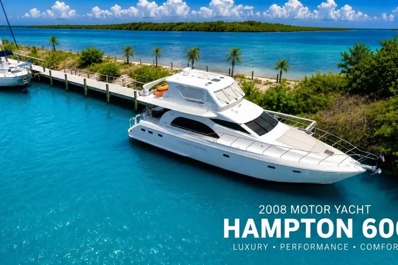 Slide: The Image of 2008 Hampton 60' Aft Cabin Motor Yacht docked in tropical waters, showcasing luxury and performance. - 7