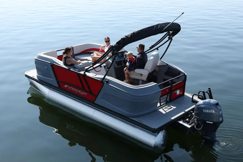 Slide: The Image of Manufacturer Provided Image: 2026 Starcraft GX 18 R pontoon boat with passengers on calm water. - 7