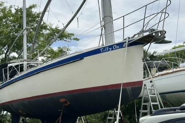Slide: The Image of 1983 Nonsuch Cat Ketch sailboat "Tally On" on dry dock, surrounded by trees and ladders. - 24