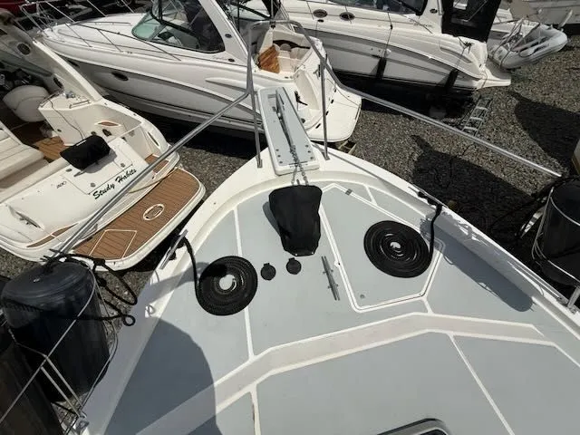 Slide: The Image of Deck view of 1990 Bayliner 3888 Motoryacht in harbor. - 48