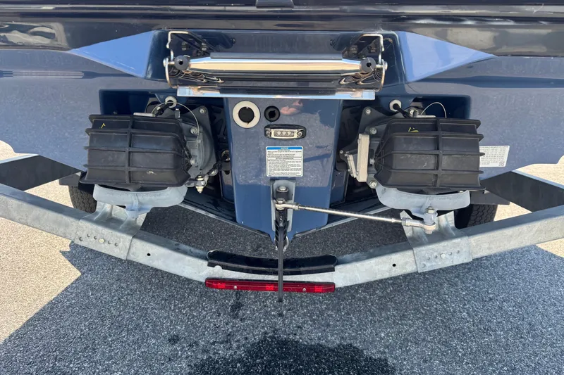 Slide: The Image of Rear view of 2023 Yamaha Boats 222SD showing dual jet propulsion system. - 11