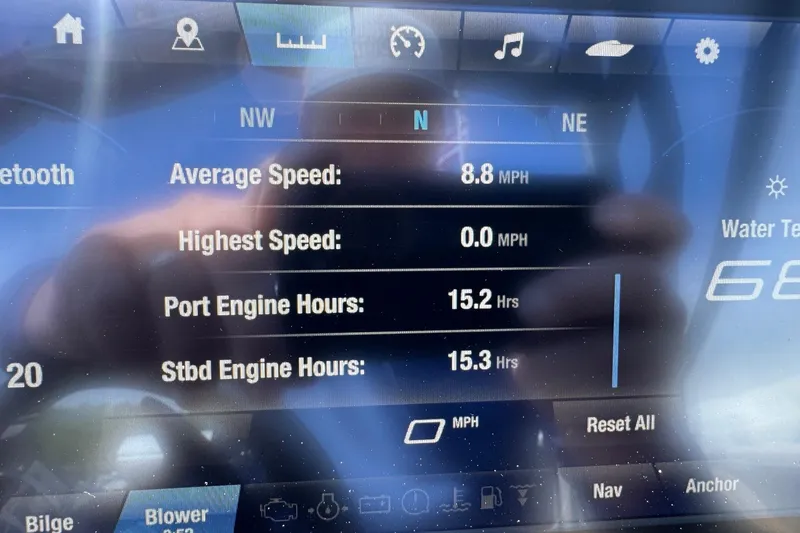 Slide: The Image of Dashboard of 2023 Yamaha Boats 222SD showing speed and engine hours. - 14