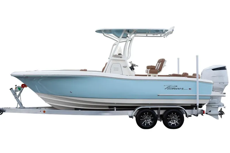 Slide: The Image of Manufacturer Provided Image: 2025 Pioneer 222 Islander boat on trailer, light blue hull, center console design. - 3