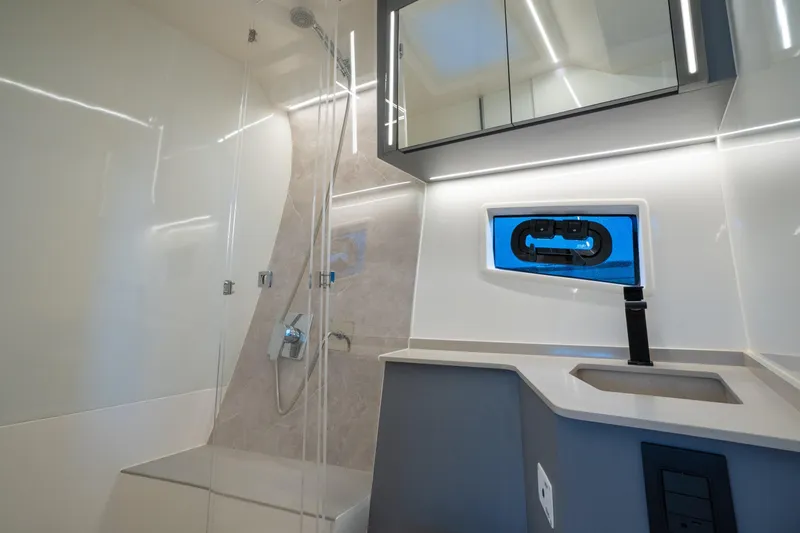 Slide: The Image of Modern bathroom interior of 2025 NX Boats NX41 HORIZON with sleek design and fixtures. - 49