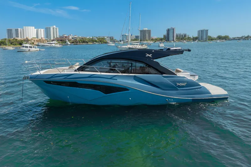 Slide: The Image of 2025 NX Boats NX41 HORIZON yacht on calm water with city skyline background. - 5