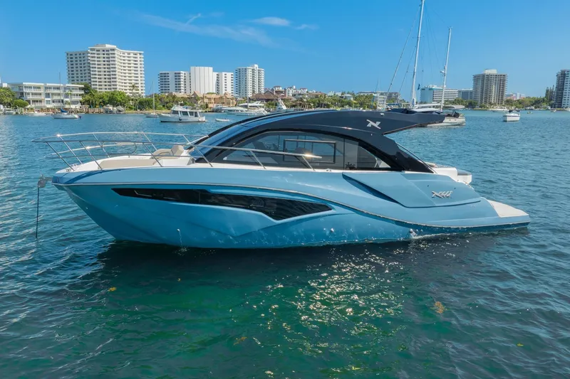 Slide: The Image of 2025 NX Boats NX41 HORIZON yacht on water, city skyline in background. - 7