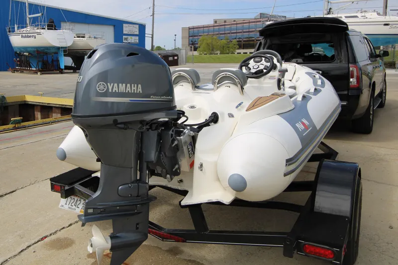 Slide: The Image of 2018 Avon Seasport 400 Deluxe NEO with Yamaha 50hp engine on trailer, ready for transport. - 3