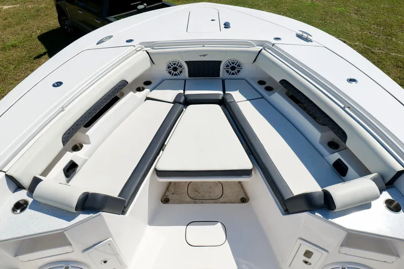 Slide: The Image of 2024 Tidewater 380 CC Adventure boat interior with spacious seating and modern design. - 35