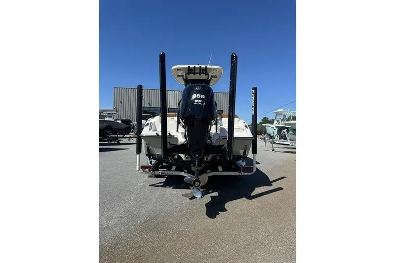 Slide: The Image of 2026 Key West 239 FSR boat with powerful 350 HP engine, rear view. - 15
