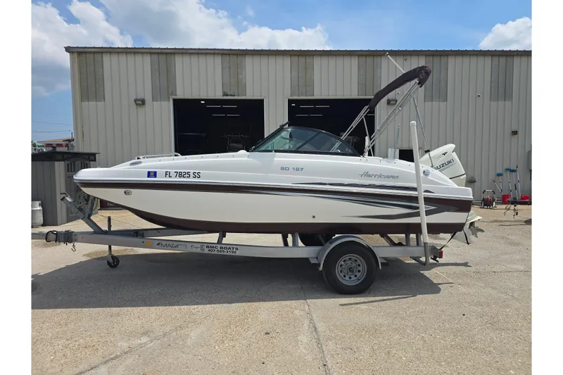 Slide: The Image of 2020 Hurricane SunDeck 187 OB boat on trailer outside a warehouse. - 3