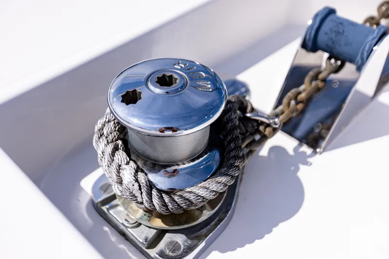 Slide: The Image of Close-up of a winch and rope on a 2005 West Bay 86 Raised Pilothouse Motor Yacht. - 149