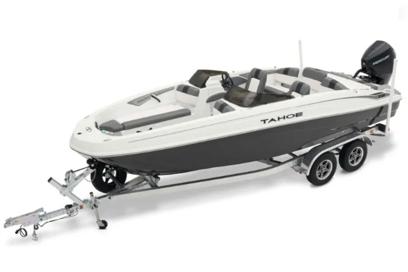 Slide: The Image of 2026 Tahoe T21 boat on trailer, featuring sleek design and modern seating. - 3