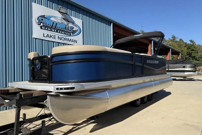 Slide: The Image of 2026 Premier 220 Sunscape RF XLC pontoon boat at Foothills Marine Center, Lake Norman. - 2