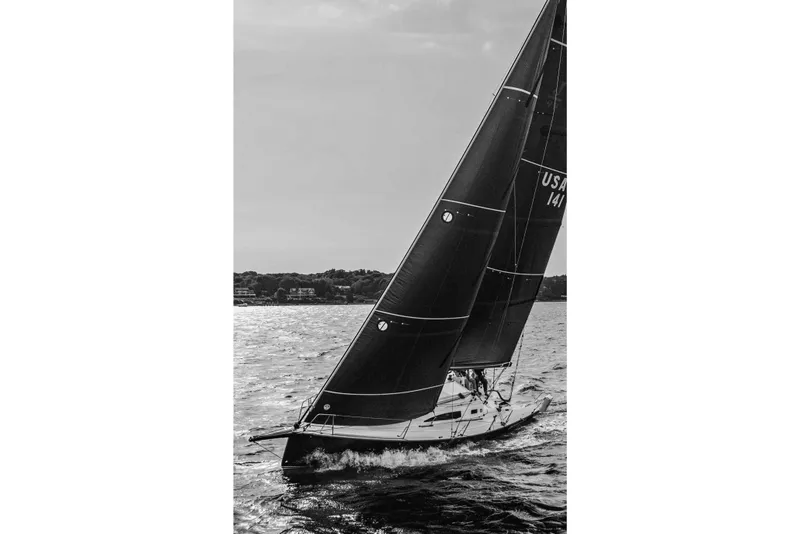 Slide: The Image of Black and white photo of 2026 J Boats J/99 yacht sailing. - 1