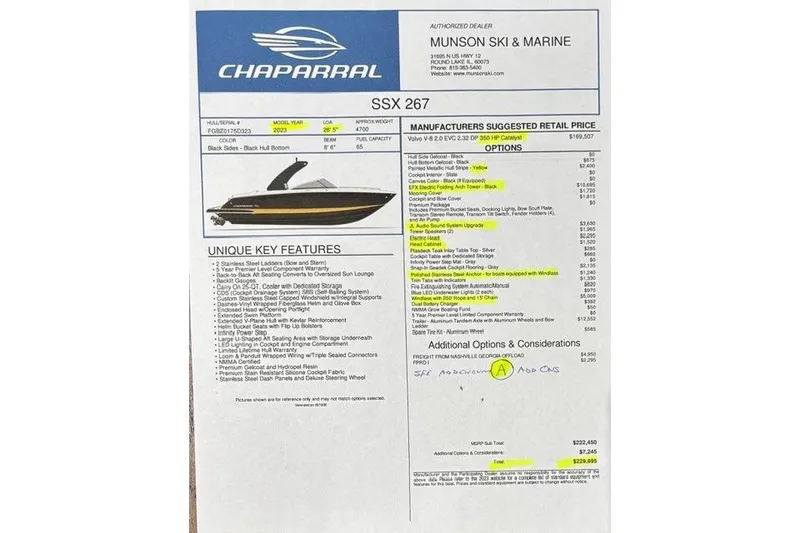 Slide: The Image of 2023 Chaparral 267 SSX boat specifications and options sheet from Munson Ski & Marine. - 2