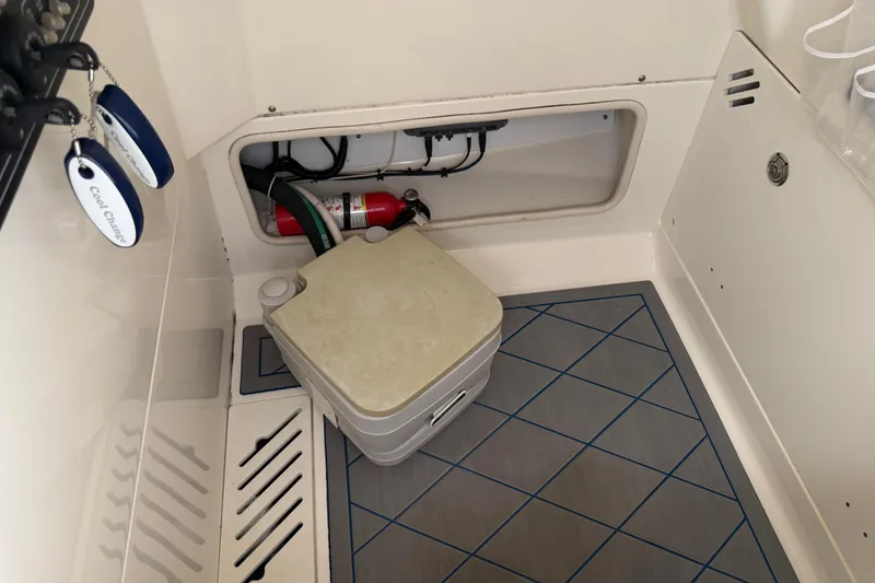 Slide: The Image of Interior of a 2016 Boston Whaler 250 Outrage with storage compartment and fire extinguisher. - 32