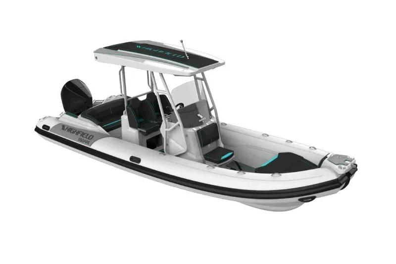 Slide: The Image of Manufacturer Provided Image: 2025 Highfield Escape 650 boat, sleek design, white and black color scheme, modern features. - 2