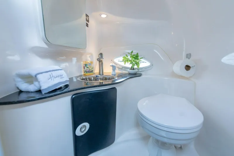 Slide: The Image of Modern bathroom in 2027 Hanover 305 model, featuring sleek sink, toilet, and porthole window. - 6