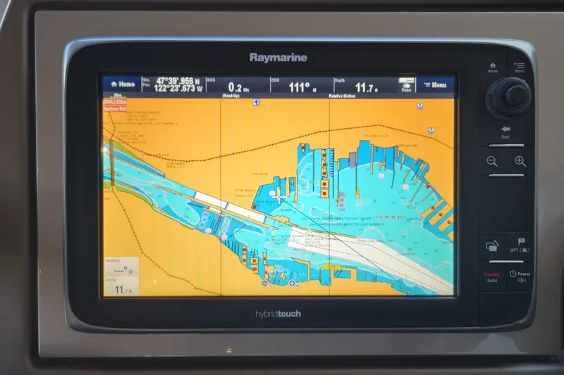 Slide: The Image of Raymarine navigation display on 2017 Prestige 500 yacht, showing detailed marine chart. - 18