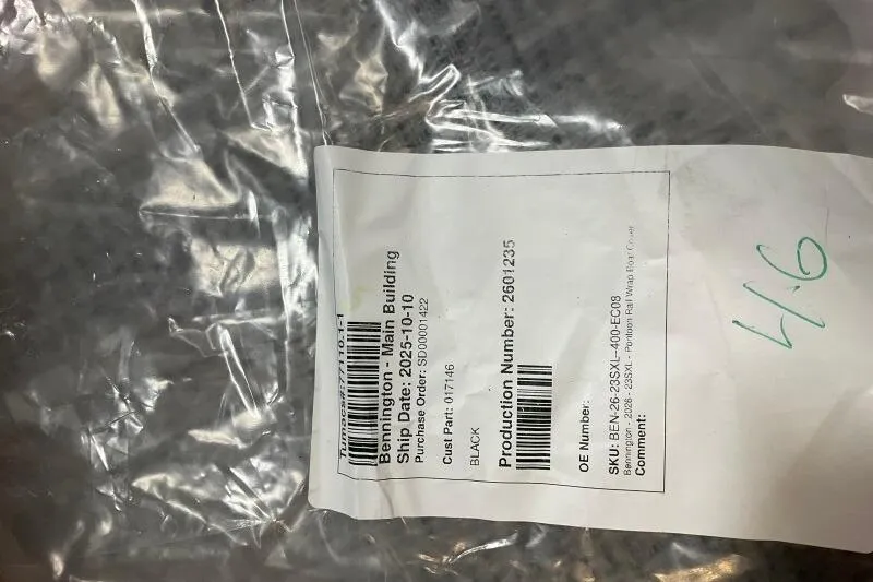 Slide: The Image of Label on packaging for Bennington 23 SX L-Bench, 2026 model, with production details. - 7