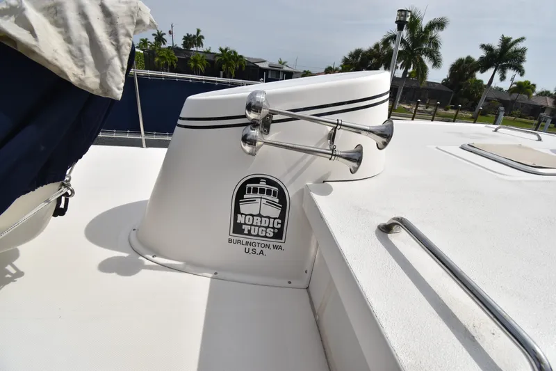 Slide: The Image of 2007 Nordic Tug 37 boat deck with logo and horn, Burlington, WA. - 9