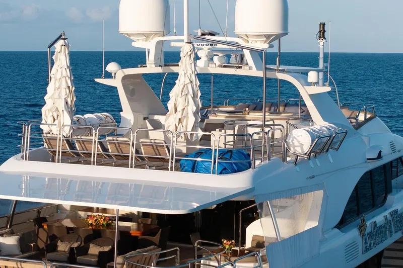 Slide: The Image of Luxurious 2008 Benetti Classic yacht on serene ocean waters, featuring elegant deck and seating area. - 4