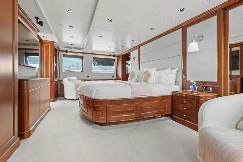 Slide: The Image of Luxurious 2008 Benetti Classic yacht bedroom with elegant wood finishes and plush bedding. - 53