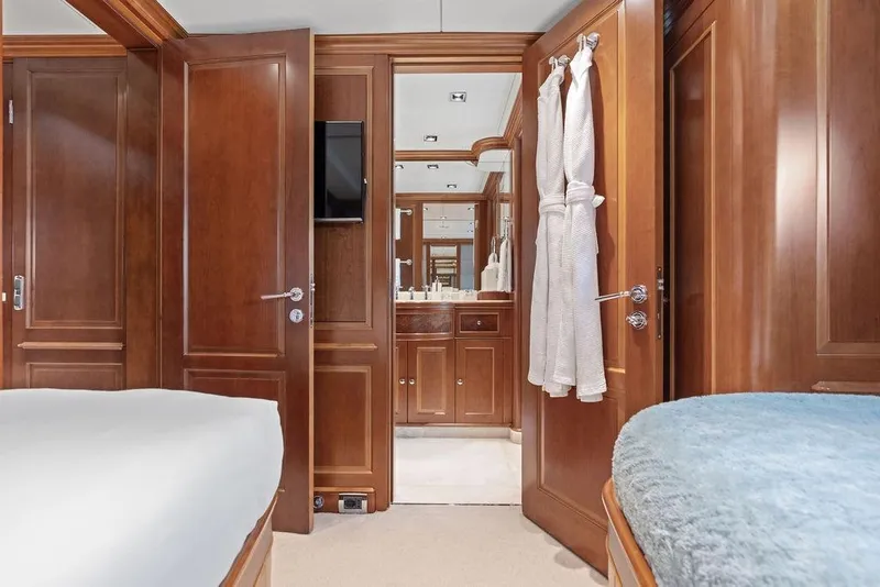 Slide: The Image of Luxurious Benetti Classic 2008 yacht interior with wooden paneling and elegant bathroom. - 83