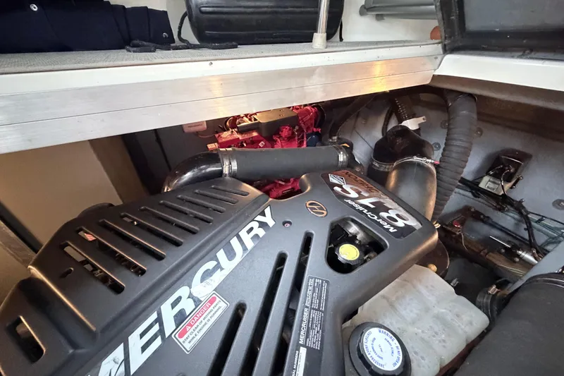 Slide: The Image of Engine compartment of a 2001 Sea Ray 380 Sundancer with Mercury 8.1S motor. - 45