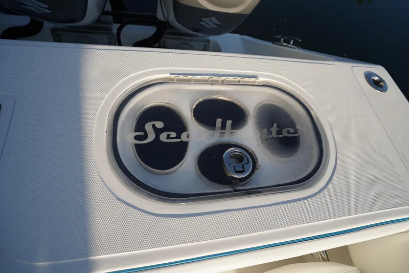 Slide: The Image of SeaHunter 45 Tournament 2014 boat detail with logo on deck compartment. - 8