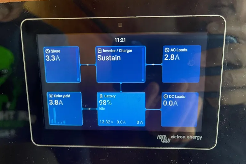 Slide: The Image of Victron Energy display on 1976 Hatteras 48 Long Range Cruiser showing power status. - 73