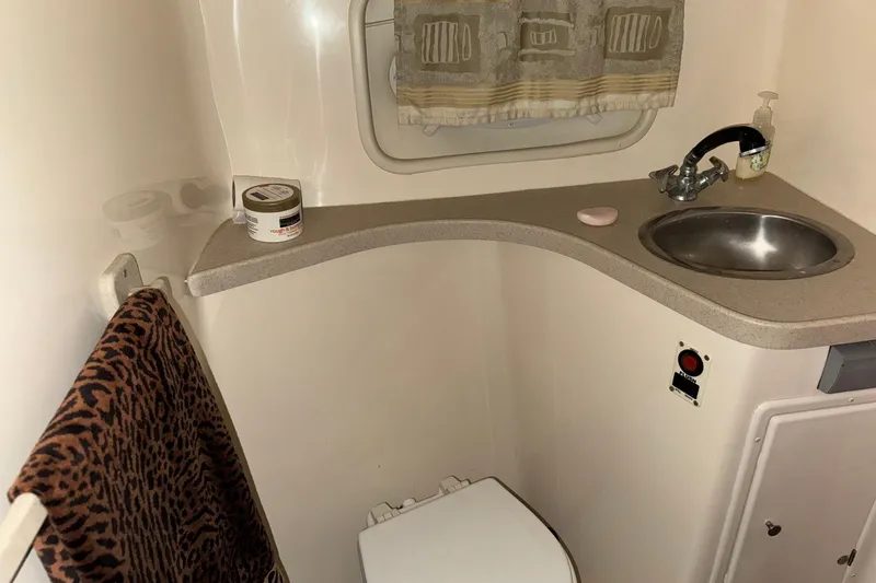 Slide: The Image of Bathroom interior of 2002 Rinker Fiesta Vee 310 boat with sink and leopard print towel. - 17