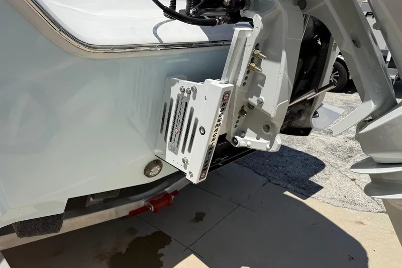 Slide: The Image of 2026 Blazer Bay Makaira 2600 boat engine mount detail in sunlight. - 10